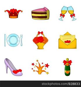 Females party icons set. Cartoon set of 9 females party vector icons for web isolated on white background. Females party icons set, cartoon style