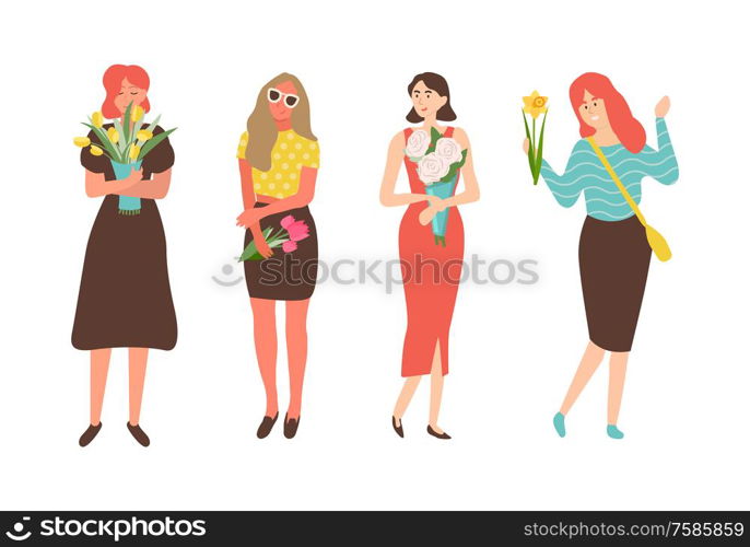 Females with flowers isolated cartoon characters. Vector women celebration international holiday for girls, 8 March concept. People with bouquets. Females with Flowers Isolated Cartoon Characters