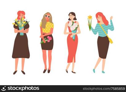 Females with flowers isolated cartoon characters. Vector women celebration international holiday for girls, 8 March concept. People with bouquets. Females with Flowers Isolated Cartoon Characters