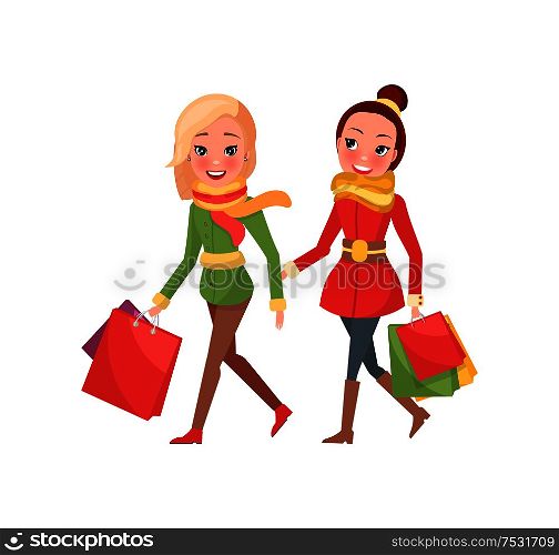 Females with packages full of present, buying gifts to nearest. Happy women on shopping vector isolated. Blonde and brunette ladies in warm winter cloth. Females with Packages Full of Present Buying Gifts