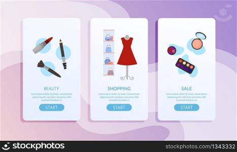 Feminine Beauty Accessories, Cosmetics and Clothes Sale Page Set. Mobile Application for Online Shop. Social Network Advertising Banner with Promo Text and Start Button. Vector Flat Illustration. Feminine Beauty Accessories and Clothes Page Set