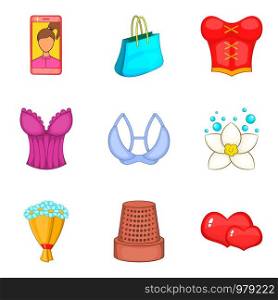 Feminine gender icons set. Cartoon set of 9 feminine gender vector icons for web isolated on white background. Feminine gender icons set, cartoon style