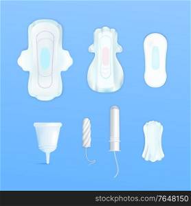 Feminine hygiene objects for menstruation set realistic isolated vector illustration