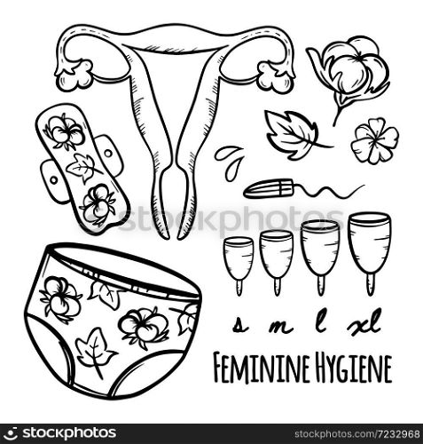 FEMININE HYGIENE ZERO WASTE Hand Drawn Vector Illustration Set