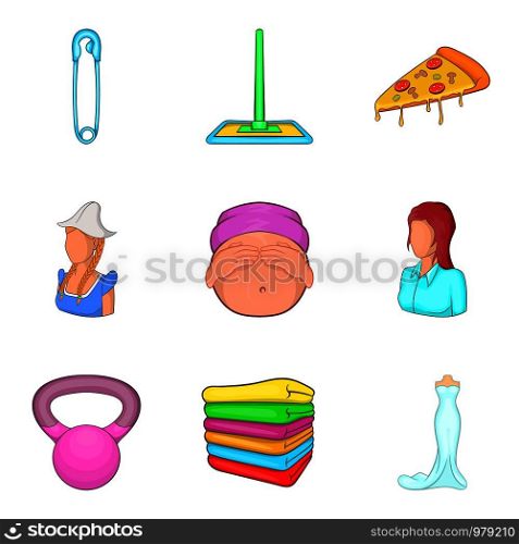 Feminine icons set. Cartoon set of 9 feminine vector icons for web isolated on white background. Feminine icons set, cartoon style