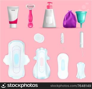 Feminine intimate hygiene realistic set of panty liners tampons menstrual cup isolated on pink background vector illustration