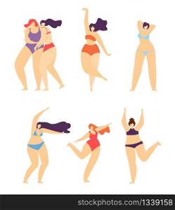 Feminine Positive Motivation Love Body Beauty Flat Banner Vector Illustration Happy Isolated and in Pair Women Big Size in Summer Swimsuits Enjoying Figures Inspiration Template Promotion Card. Feminine Positive Motivation Love Body Flat Banner