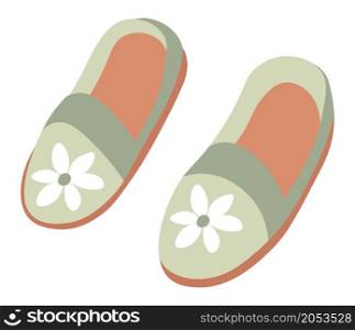 Feminine shoes with flowers, isolated slippers for kids, warm clothes for winter season and frosty weather. Pair of footwear, comfortable and trendy clothing for small girls. Vector in flat style. Children shoes or slippers with flowers print