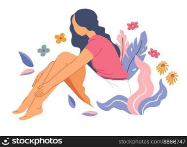 feminine woman portrait, isolated female character sitting with flowers and floral decoration, blooming plants and adornment. Personage with daisies and foliage. Vector in flat style illustration. Female character with flowers, feminine woman
