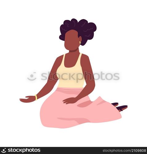 Feminine woman sitting semi flat color vector character. Sitting figure. Full body person on white. Relaxing girl isolated modern cartoon style illustration for graphic design and animation. Feminine woman sitting semi flat color vector character