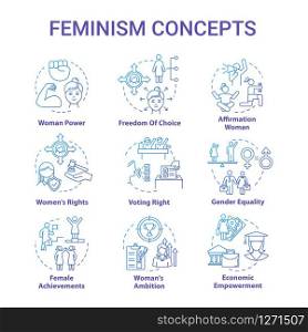 Feminism blue concept icons set. Discrimination. Gender equality. Woman power. Feminist movement. Womens rights idea thin line RGB color illustrations. Vector isolated outline drawing