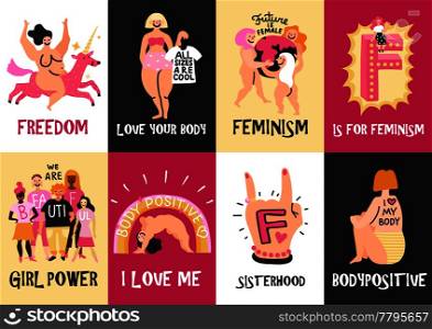 Feminism body positive vertical cards with love to own figure, female freedom, girl power isolated vector illustration . Feminism Vertical Cards