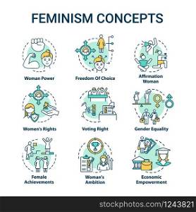 Feminism concept icons set. Sex discrimination. Gender equality. Woman power. Feminist movement. Womens rights idea thin line RGB color illustrations. Vector isolated outline drawing. Editable stroke