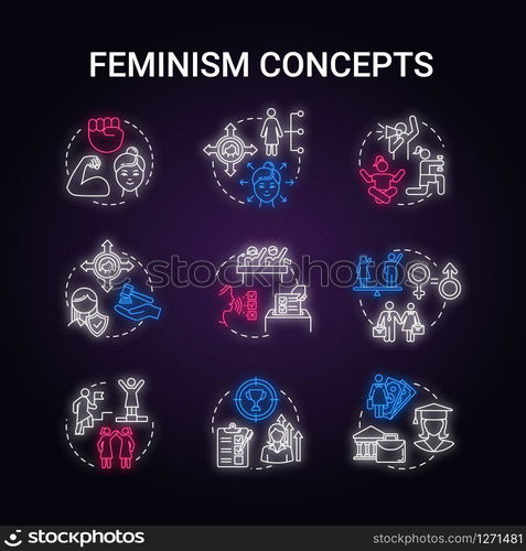 Feminism neon light concept icons set. Sex discrimination. Gender equality. Woman power. Feminist movement. Womens rights idea. Glowing vector isolated RGB color illustration