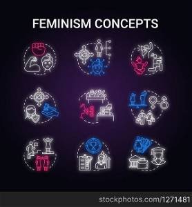 Feminism neon light concept icons set. Sex discrimination. Gender equality. Woman power. Feminist movement. Womens rights idea. Glowing vector isolated RGB color illustration