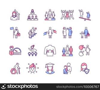 Feminism RGB color icons set. Women in business. Female leader. Glass ceiling. Violence against women. Career growth. Pregnancy discrimination. Gender-based abuse. Isolated vector illustrations. Feminism RGB color icons set