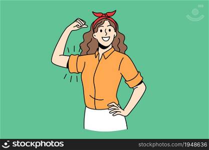 Feminism, self confidence of woman concept. Young smiling girl cartoon character standing showing biceps feeling confident strong vector illustration. Feminism, self confidence of woman concept.