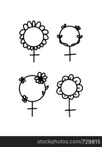Feminism sign with flowers. Woman gender symbol. Girl power concept. Outline vector illustration for tatoo, sticker, card, patch design. Feminism sign with flowers. Girl power concept. Outline vector illustration for tatoo, sticker, card, patch design