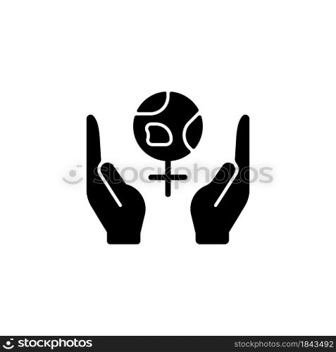 Feminism support black glyph icon. Women rights movement. Fighting global gender inequality. Non-discrimination creation. Silhouette symbol on white space. Vector isolated illustration. Feminism support black glyph icon