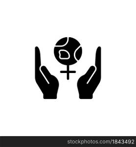 Feminism support black glyph icon. Women rights movement. Fighting global gender inequality. Non-discrimination creation. Silhouette symbol on white space. Vector isolated illustration. Feminism support black glyph icon