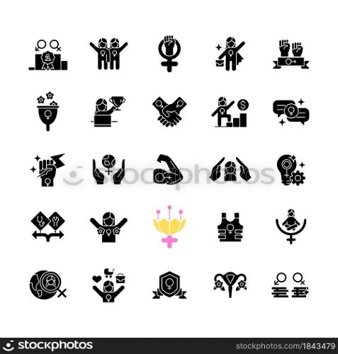 Feminism symbols black glyph icons set on white space. Supporting equal rights for women. Pride in sisterhood. Girl power. Freedom of choice. Silhouette symbols. Vector isolated illustration. Feminism symbols black glyph icons set on white space