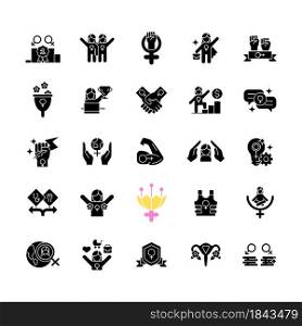 Feminism symbols black glyph icons set on white space. Supporting equal rights for women. Pride in sisterhood. Girl power. Freedom of choice. Silhouette symbols. Vector isolated illustration. Feminism symbols black glyph icons set on white space