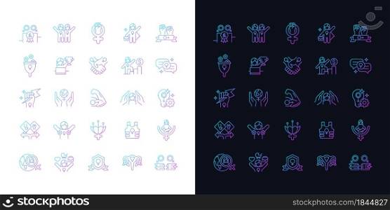 Feminism symbols gradient icons set for dark and light mode. Supporting equal rights for women. Thin line contour symbols bundle. Isolated vector outline illustrations collection on black and white. Feminism symbols gradient icons set for dark and light mode