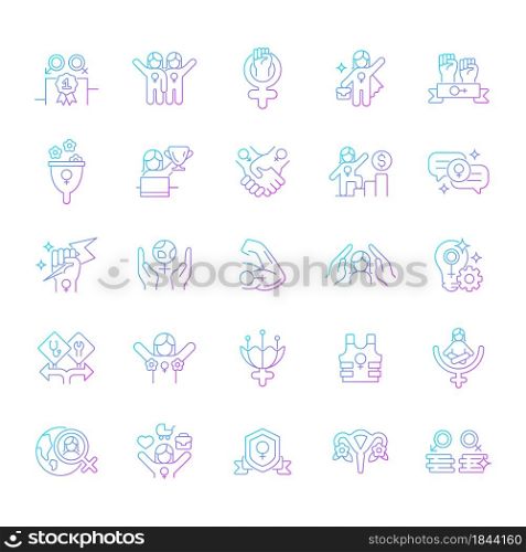 Feminism symbols gradient linear vector icons set. Supporting equal rights for women. Pride in sisterhood. Girl power. Thin line contour symbols bundle. Isolated outline illustrations collection. Feminism symbols gradient linear vector icons set