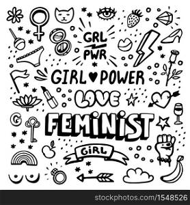 Feminism symbols icon set. Feminist movement, protest, girl power. Black and white Vector illustration. Feminism symbols icon set. Feminist movement, protest, girl power. Black and white Vector illustration.