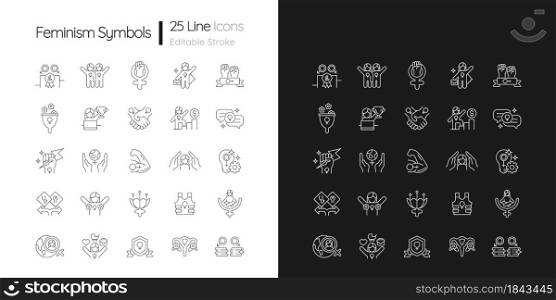 Feminism symbols linear icons set for dark and light mode. Supporting equal rights for women. Girl power. Customizable thin line symbols. Isolated vector outline illustrations. Editable stroke. Feminism symbols linear icons set for dark and light mode