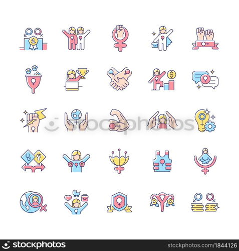 Feminism symbols RGB color icons set. Supporting equal rights for women. Pride in sisterhood. Girl power. Freedom of choice. Isolated vector illustrations. Simple filled line drawings collection. Feminism symbols RGB color icons set