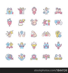Feminism symbols RGB color icons set. Supporting equal rights for women. Pride in sisterhood. Girl power. Freedom of choice. Isolated vector illustrations. Simple filled line drawings collection. Feminism symbols RGB color icons set