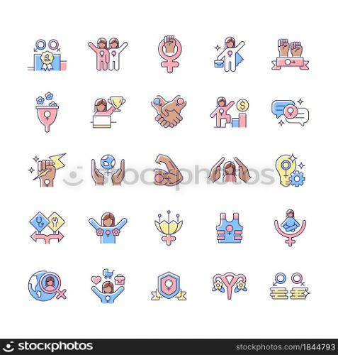 Feminism symbols RGB color icons set. Supporting equal rights for women. Pride in sisterhood. Girl power. Freedom of choice. Isolated vector illustrations. Simple filled line drawings collection. Feminism symbols RGB color icons set