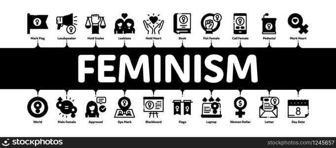 Feminism Woman Power Minimal Infographic Web Banner Vector. Feminism Symbol On Flag And Gps Mark, Lesbians And Hand Hold Scales, Equality And Love Illustrations. Feminism Woman Power Minimal Infographic Banner Vector