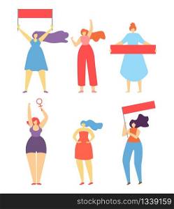 Feminism Women liberation Concept Flat Cartoon Banner Women Protesting Striking Struggling for Rights and Equality Holding Flags and Female Symbol Vector Illustration Free Demonstration Card. Feminism Woman Protest Strike Flat Cartoon Banner