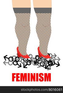 Feminism. Womens feet trampling men sign. Illustration for womens movement, aim of which is to eliminate discrimination against women.&#xA;