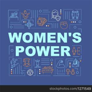 Feminism word concepts banner. Feminist movement. Womens rights protection. Activism. Infographics with linear icons on blue background. Isolated typography. Vector outline RGB color illustration
