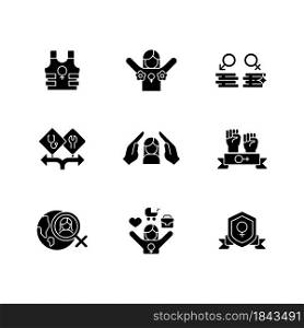 Feminist activity black glyph icons set on white space. Female freedom fighter. Radical feminism. Equal pay for work. Career option for girls. Silhouette symbols. Vector isolated illustration. Feminist activity black glyph icons set on white space