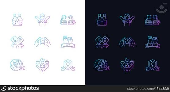Feminist activity gradient icons set for dark and light mode. Female freedom fighter. Thin line contour symbols bundle. Isolated vector outline illustrations collection on black and white. Feminist activity gradient icons set for dark and light mode