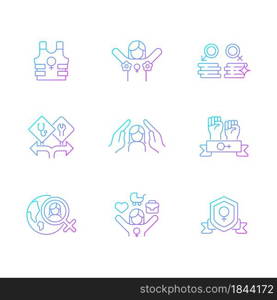 Feminist activity gradient linear vector icons set. Female freedom fighter. Radical feminism. Equal pay for work. Thin line contour symbols bundle. Isolated outline illustrations collection. Feminist activity gradient linear vector icons set