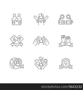 Feminist activity linear icons set. Female freedom fighter. Radical feminism. Equal pay for work. Customizable thin line contour symbols. Isolated vector outline illustrations. Editable stroke. Feminist activity linear icons set