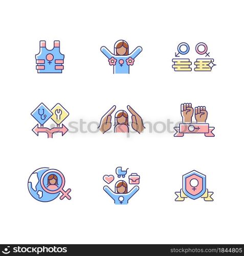 Feminist activity RGB color icons set. Female freedom fighter. Radical feminism. Equal pay for work. Career option for girls. Isolated vector illustrations. Simple filled line drawings collection. Feminist activity RGB color icons set