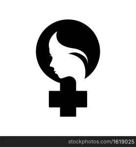 Feminist icon. Symbol of feminist movement. Female symbol with female face. Protest and revolution, feminists fight. Feminism activists symbol of strength, equality and riot, woman rights union
