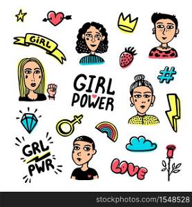 Feminist icons set. Feminist cute hand drawing illustration for print, brochure, greeting card, bag, clothing. Colorful Girl portraits, inscriptions and icons for pins and stickers. Vector illustration. Feminist sticker set. Feminist cute hand drawing illustration for print, brochure, greeting card, bag, clothing. Girl portrait, inscriptions and icons for pins and stickers. Vector illustration.