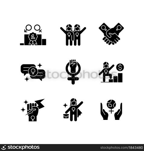 Feminist movement black glyph icons set on white space. Gender parity. Female friendship. Supportive sisterhood. Woman power. Career ladder. Silhouette symbols. Vector isolated illustration. Feminist movement black glyph icons set on white space