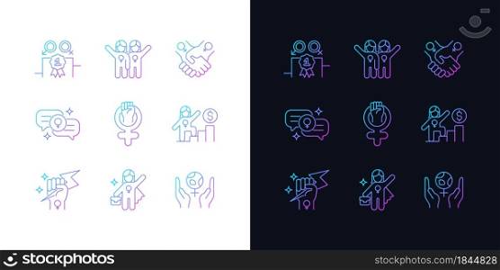 Feminist movement gradient icons set for dark and light mode. Gender parity. Female friendship. Thin line contour symbols bundle. Isolated vector outline illustrations collection on black and white. Feminist movement gradient icons set for dark and light mode