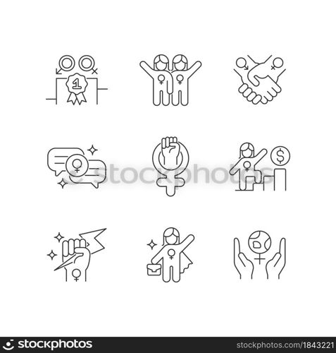 Feminist movement linear icons set. Gender parity. Female friendship. Supportive sisterhood. Woman power. Customizable thin line contour symbols. Isolated vector outline illustrations. Editable stroke. Feminist movement linear icons set