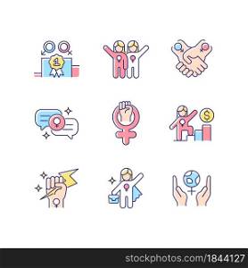 Feminist movement RGB color icons set. Gender parity. Female friendship. Supportive sisterhood. Woman power. Career ladder. Isolated vector illustrations. Simple filled line drawings collection. Feminist movement RGB color icons set