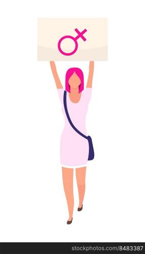 Feminist participating in protest semi flat color vector character. Women rights. Standing figure. Full body person on white. Simple cartoon style illustration for web graphic design and animation . Feminist participating in protest semi flat color vector character