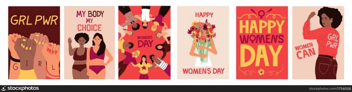 Feminist poster. Cartoon banners with strong independent girls. International Women s Day of feminism and female solidarity. Social movement for equal rights. Vector bright holiday greeting cards set. Feminist poster. Cartoon banners with strong independent girls. International Women s Day of feminism and solidarity. Social movement for equal rights. Vector holiday greeting cards set